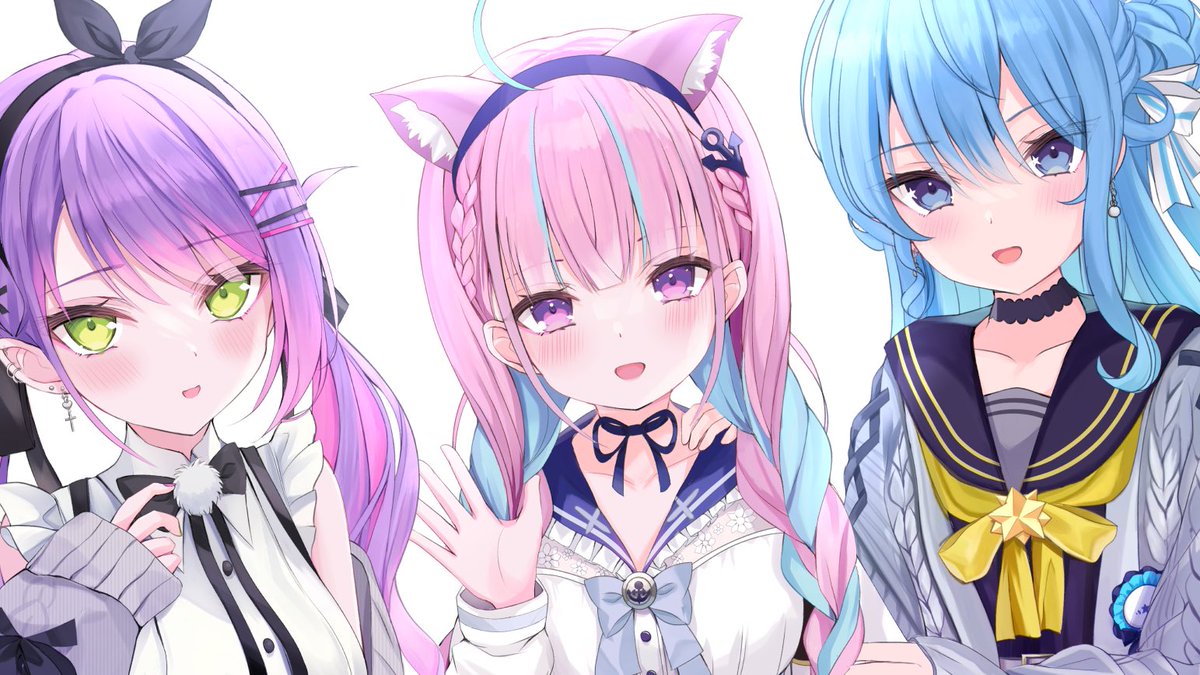 hoshimachi suisei ,minato aqua ,tokoyami towa multiple girls 3girls blue hair animal ears purple hair pink hair cat ears  illustration images