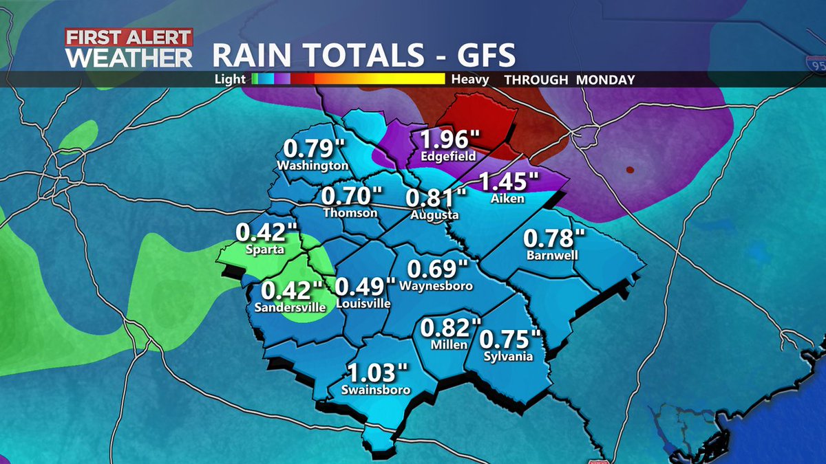 Dry weather and even a little bit of sunshine can be expected for your Easter Sunday plans, but widespread rain that could be heavy at times is on the way Sunday night into Monday.  As much as 2 inches is possible with 1 inch typical across the CSRA.