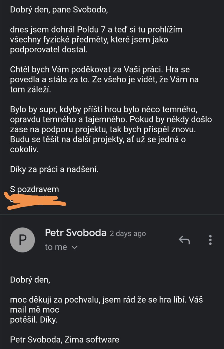 lostguldynka's tweet image. Abych můj příběh dokončil, hru jsem dohrál, zanechal kladnou recenzi na Steamu a napsal soukromý mail panu Svobodovi. To vše před tím, než se na Vortexu vyrojily špatné zprávy o pirátství.. Třeba to někoho bude motivovat. #polda7