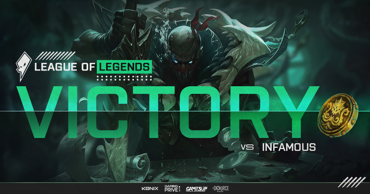 VICTORY !🔥 Nos pirates démoniaques l'ont fait 😱! 

Nous faisons sombrer le vaisseau INFAMOUS !🏴‍☠️

Et pénétrons dans les mers du TOP 8 Intermédiaire de la #GamerAssembly #LeagueOfLegends , prochain navire à l'abordage celui de <a href="/GalactiXeSport/">GALACTIX ESPORT</a> !

Let's Go ZEPHYR ! #SushiTime