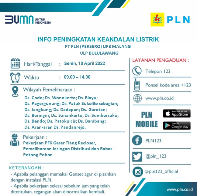 Info peningkatan keandalan listrik Senin 18 April 2022 ulp bululawang  <a href="/infomalang/">Info Malang</a> <a href="/RRIMalang/">RRI Malang I Kanal Informasi dan Inspirasi</a> <a href="/Senaputra_FM/">Senaputraᅠᅠᅠᅠᅠᅠᅠᅠᅠ</a> <a href="/cityguide911fm/">City Guide 911 FM</a> <a href="/kabmalanginfo/">KAB MALANG INFO</a> #Malang
