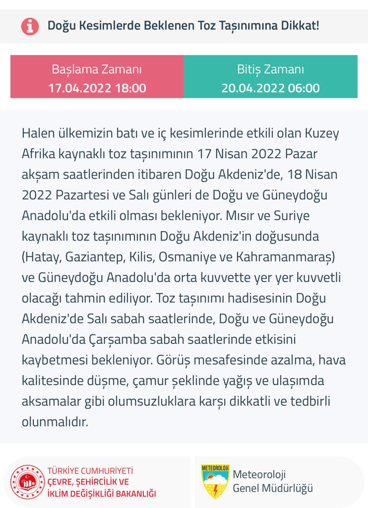 TCkahramanmaras's tweet photo. Mısır ve Suriye kaynaklı toz taşınımının 17 Nisan Pazar akşam saatlerinden itibaren Doğu Akdeniz'de, Pazartesi ve Salı günleri de Doğu ve Güneydoğu Anadolu'da etkili olması beklenmektedir.
Toz taşımından kaynaklanan olumsuzluklara karşı dikkatli ve tedbirli olunması gerekmektedir https://t.co/rZQZWjuR6s