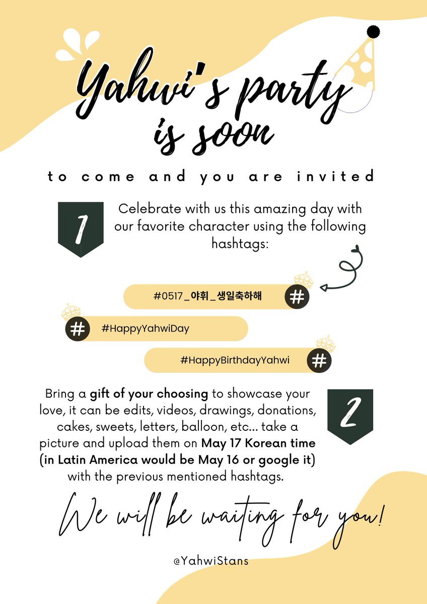 Yahwistans's tweet photo. Yahwi’s birthday is approaching so I’m sharing ahead of time our group activities so we can all prepare. The following pictures contains all the instructions. We will be waiting for your support!
@studiozzu
#0517_야휘_생일축하해
#HappyYahwiDay
#HappyBirthdayYahwi https://t.co/9CmXvCChUp