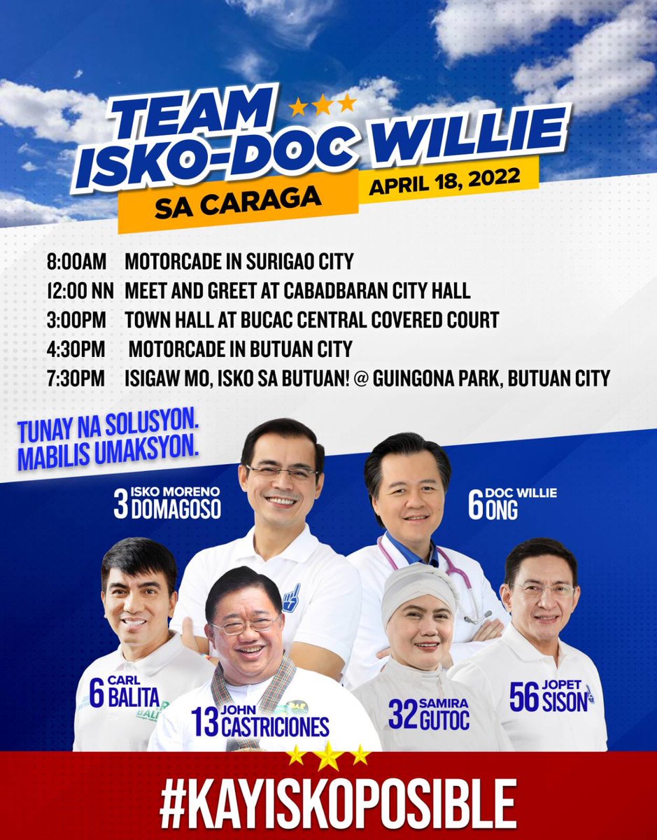 Caraga Administrative Region, kayo naman po ang bibisitahin ng buong Team Isko-Doc Willie bukas (April 18, 2022). 

Magkita-kita po tayo dyan, mga kababayan! 😊