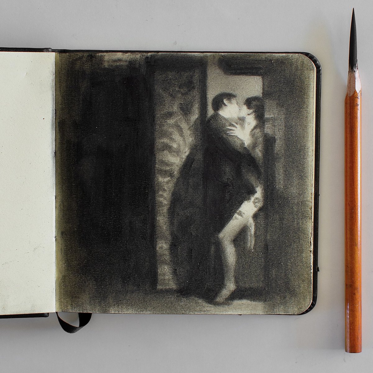 mec_au_fusain's tweet image. Charcoal drawing from a deleted scene of In The Mood For Love