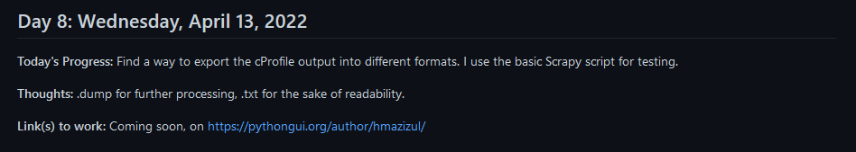 hkm_azizul's tweet image. [#100DaysOfCode] Day 8/100

Today's Progress: Find a way to export the #cProfile output into different formats. I use basic #Scrapy script for testing.

Thoughts: .dump for further processing, .txt for the sake of readability.

Link to work: Coming soon on pythongui.org/author/hmazizu…