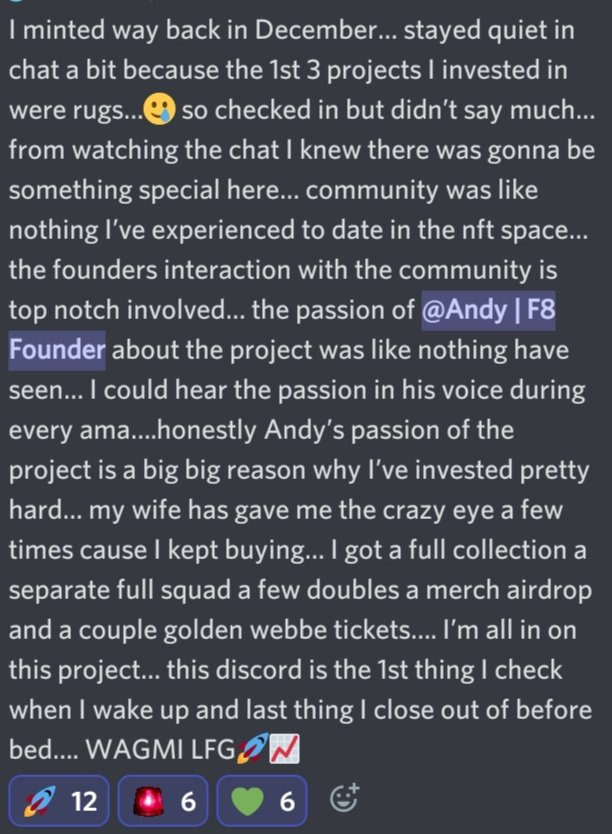 SoulLabsUK's tweet photo. @Klarity asked our community how they feel about the project 👑.
 It's great to hear how our Discord chat has become a safe space for our members to speak their mind and elevate 🙏🏼
 Here are some special words from the #F8TRIBE 💜 https://t.co/k74q6sFV2i