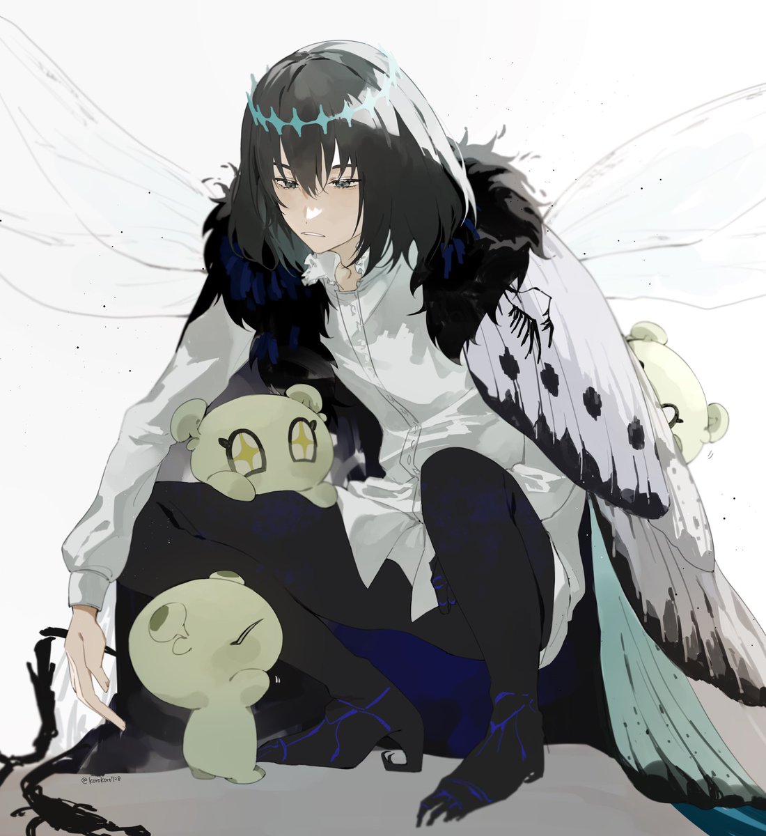 oberon (fate) 1boy insect wings male focus wings black hair shirt white shirt  illustration images