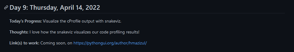 hkm_azizul's tweet image. [#100DaysOfCode] Day 9/100

Today's Progress: Visualize the #cProfile output with #snakeviz.

Thoughts: I love how the snakeviz visualize our code profiling results!

Link to work: Coming soon on pythongui.org/author/hmazizu…