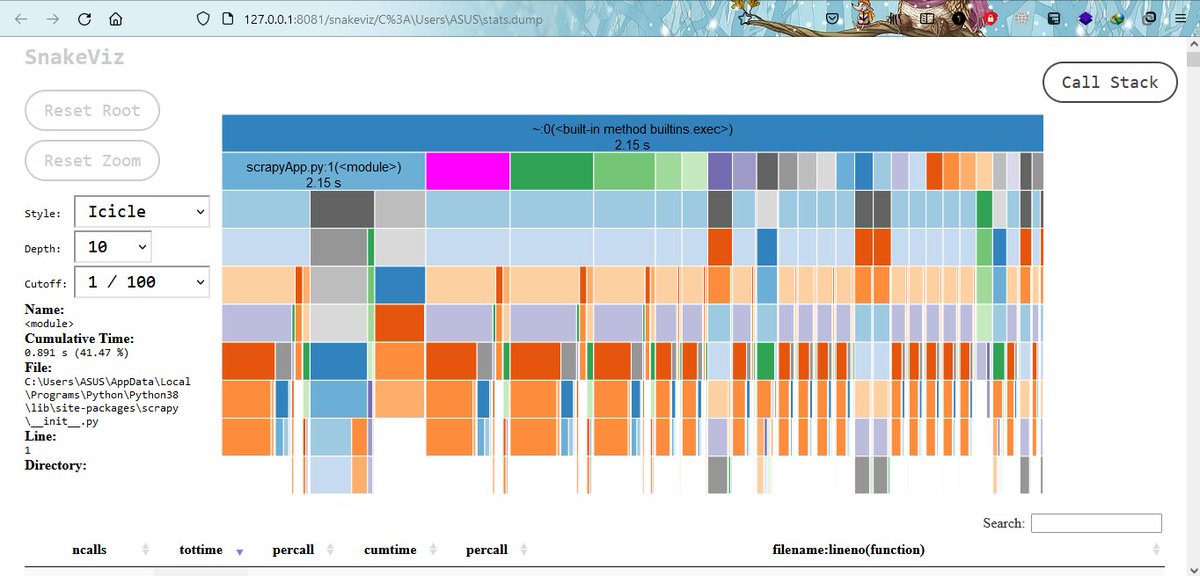 hkm_azizul's tweet image. [#100DaysOfCode] Day 9/100

Today's Progress: Visualize the #cProfile output with #snakeviz.

Thoughts: I love how the snakeviz visualize our code profiling results!

Link to work: Coming soon on pythongui.org/author/hmazizu…