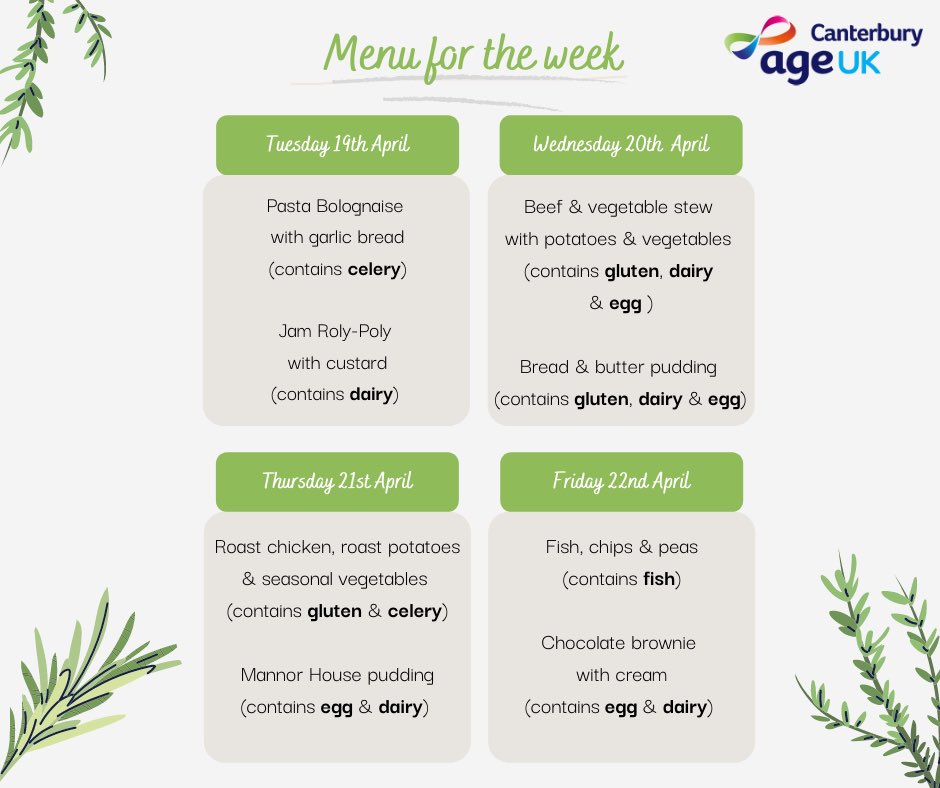 Here’s our menu for the week starting on Tuesday 19th April.  We provide a two course lunch for £8.50 including delivery. If you would like to find out more about our Meals at Home delivery service, please contact us on 01227 462368 or by email at: teresa@ageukcanterbury.org.uk🌸