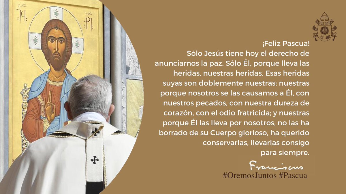 Pontifex266_es's tweet photo. Las heridas en el Cuerpo de Jesús resucitado son el signo de la lucha que Él combatió y venció por nosotros con las armas del amor, para que nosotros pudiéramos tener #paz, estar en paz, vivir en paz. https://t.co/sauHPYWund