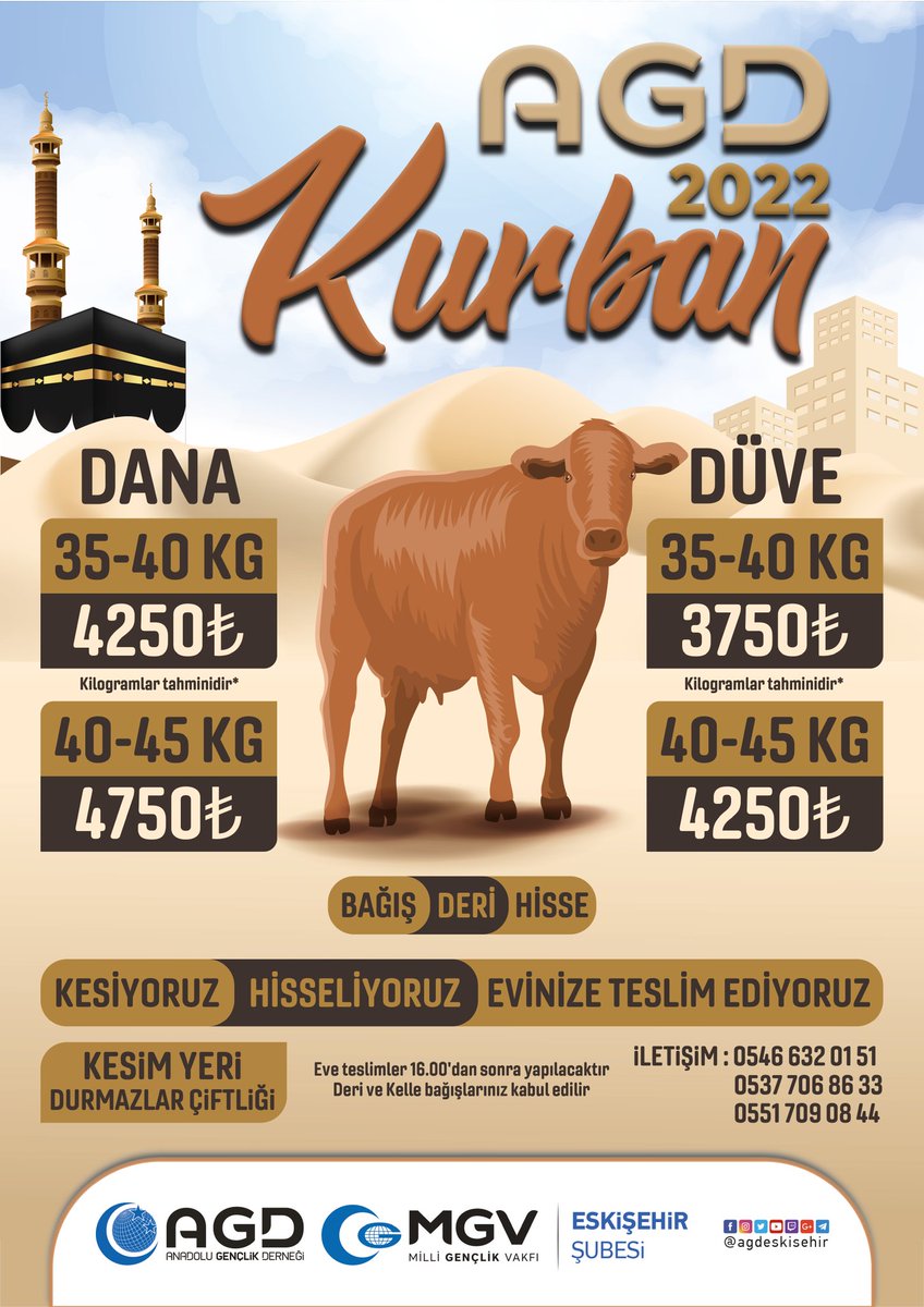 agdeskisehir's tweet photo. Anadolu Gençlik Derneği Eskişehir Şubesi
Kurban 2022 Hisse Fiyatları:

Düve
35-40 kg 3750₺
40-45 kg 4250₺

Dana
35-40 kg 4250₺
40-45 kg 4750₺

Hem Kesiyoruz, Hem Hisseliyoruz, Hem Evinize Teslim Ediyoruz

📍Kesim Yeri : Durmazlar Çiftliği
#AGDKurban2022 https://t.co/NdnKePYxoz