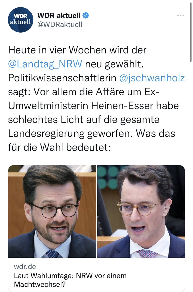 Der <a href="/WDRaktuell/">WDR aktuell</a> lässt es jetzt krachen: 
⇨ Eine SPD Politikerin „analysiert“ die politische Lage in NRW. 
⇨ 1 Woche nach der Wahlwerbung für die SPD von <a href="/1LIVE/">1LIVE</a> 
⇨ jetzt eine Einschätzung der politischen Lage durch die rote Parteibrille. 
➡️ was kommt nächste Woche?