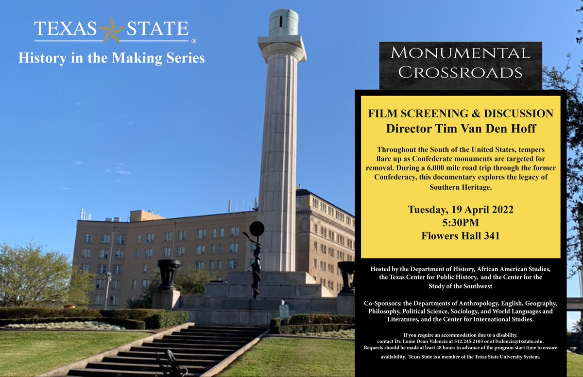 TXSTHistory's tweet photo. Join us TUESDAY as Dutch film director @TimVanDenHoff joins for a screening of his documentary "Monumental Crossroads.” The film discusses the legacy of controversies around Confederate monuments. IN-PERSON: Flowers Hall 341, 5:30PM. Please share! https://t.co/uoP1pfjyMU