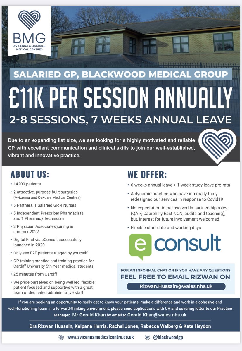 drrizwanhussain's tweet image. 📢 We are hiring GPs at Blackwood Medical Group 
@HamLj @HEIW_NHS @dr_liam @amcunningham @EliadesAnne @RslewisSally @sarahneville71 @speedydoc @Oohgpwales @DrKasimRamzan @DuddridgeAmanda @DrSueGoodfellow @conceptmapsue @GarethWThomas1 @SarfrazPatan @drtash