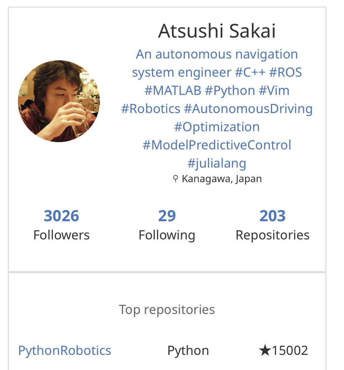 Atsushi_twi's tweet image. PythonRobotics got 15000 stars⭐️ in #GitHub finally!!🎉 Thank you so much for all contributors and users😃. We'll continue to develop it for the benefit of all robotics learners!! AtsushiSakai/#PythonRobotics: #Python sample codes for robotics algorithms. github.com/AtsushiSakai/P…