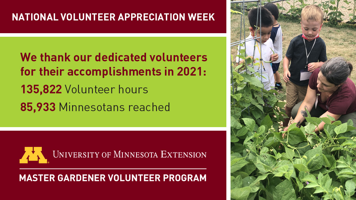 UMNExtMG's tweet photo. National Volunteer Appreciation Week is April 17 - 23 so we want to take this opportunity to give a big "Thank you" to all Master Gardener Volunteers in Minnesota! @UMNExtMG https://t.co/s819SA0HOH