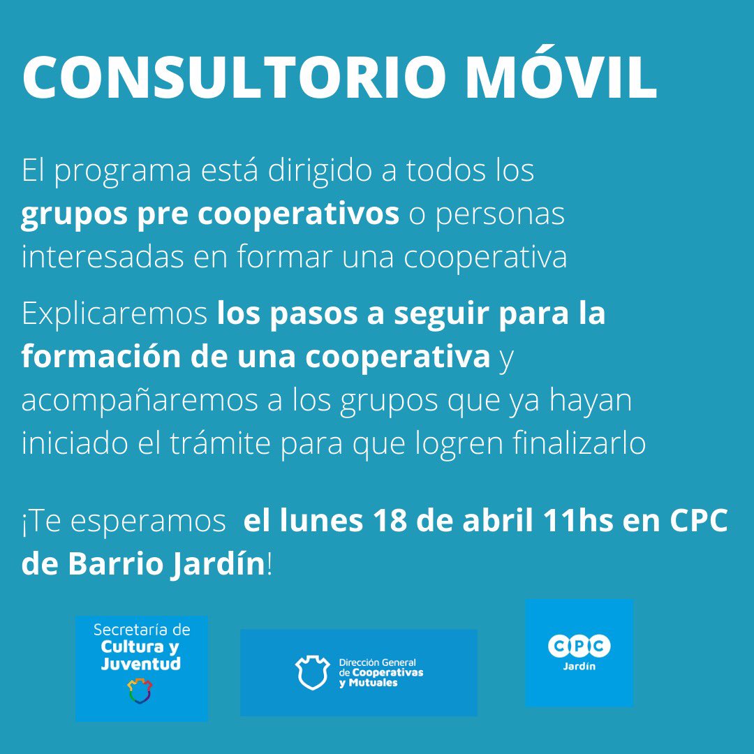 CoopyMutMuniCba's tweet photo. CONSULTORIOS MÓVILES 🚗🫂

👉🏾 El día lunes 18 de abril 11hs estaremos en CPC de Barrio Jardín brindando asesoramiento a grupos precooperativos y cooperativas que lo soliciten. 

¡Te esperamos! 

🗣 Seguimos trabajando por una #CiudadUnida

#FuerzaCooperativa
#JuntosTenemosFuturo https://t.co/NKvUvrVhBG