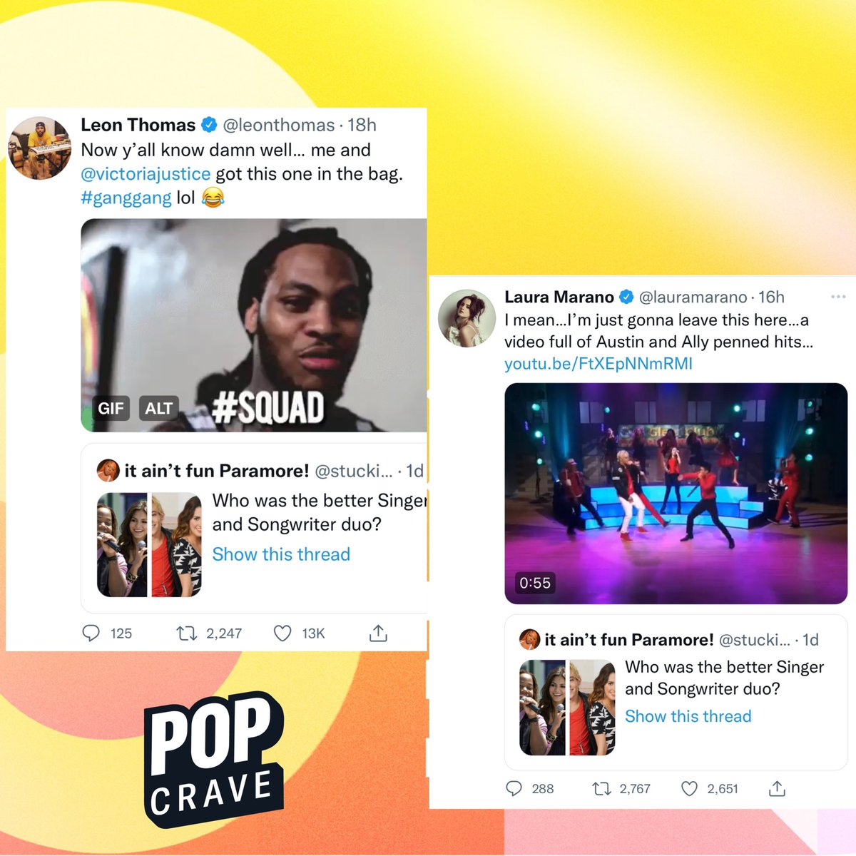 .@LeonThomas and @LauraMarano react to viral tweet pitting their #Victorious and #AustinAndAlly duos against each other.