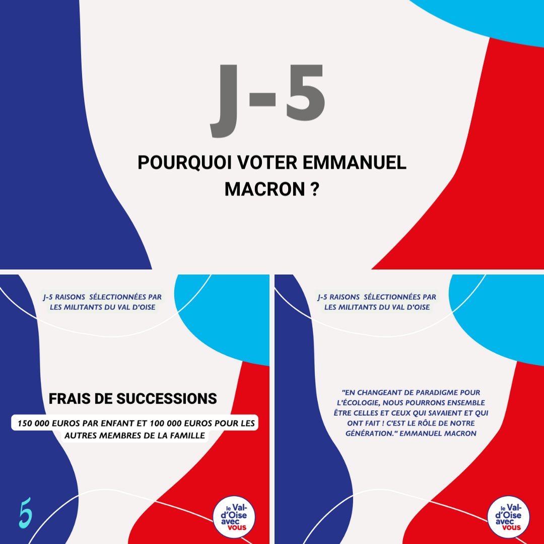 avecvous95's tweet photo. J-5 Avant le deuxième tour de l'élection présidentielle : le  Val d’Oise est plus que jamais mobilisé pour #EmmanuelMacron ❗️

Pourquoi voter pour Emmanuel Macron? 
Voici 5 raisons ❗️
#territoiresdeprogres #encommun  #Mouvementdemocrate #EnMarche #jam95 #partiradical #Horizons https://t.co/UUUbG9VzJw