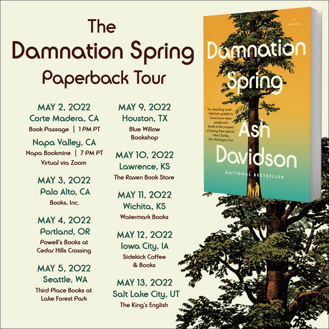 ScribnerBooks's tweet photo. #DamnationSpring (https://t.co/lv8JEac86f) is out in paperback May 3!🌲 Do you know anyone in these cities who might casually lounge across 3 seats, taking up as much space as possible? @_AshleyDavidson would like to meet them. https://t.co/8zk8D3O6i5
