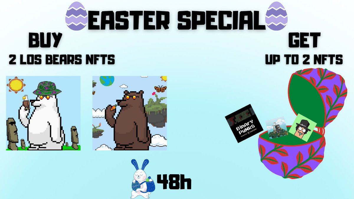 LosBearsNFT's tweet image. 🐻 Easter Special🥚🎁 
Everyone who mints at least 2 Los Bears in the next 48h will get up to 2 NFTs from other collections on top. For example @Binary_Punks , @crypto_wormz , @VoxelPetsFTM  and many more Fantom NFTs.
$FTM #FTMNFT #EasterSpecial