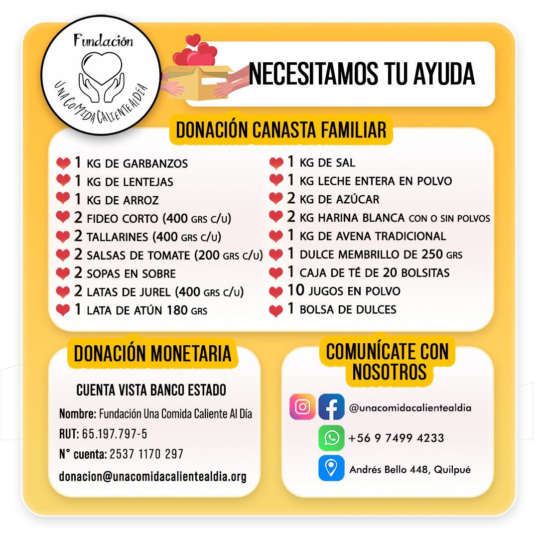 Comenzamos una nueva campaña de canastas familiares. La meta es juntar 40 canastas hasta el 30 de abril, para beneficiarios de #Quilpué #ViñaDelMar y #Valparaíso ¡aún falta mucho por hacer!
Contamos con tu apoyo para poder llegar a la meta!
#UnaComidaCalienteAlDia #solidaridad