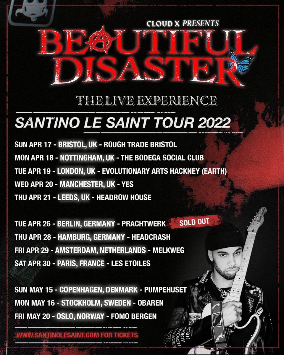 The Beautiful Disaster Tour starts today!!! 🎤🎸🎵💥 
🇬🇧 Bristol, Notts, London, Manny, Leeds
🇩🇪 Berlin, Hamburg
🇳🇱 Dam
🇫🇷 Paris
🇩🇰 Copenhagen
🇸🇪 Stockholm
🇳🇴 Oslo

🎫 🎫 🎫 
Song Kick songkick.com/artists/100741…
Live Nation livenation.co.uk/artist-santino…
See Tickets seetickets.com/tour/santino-l…