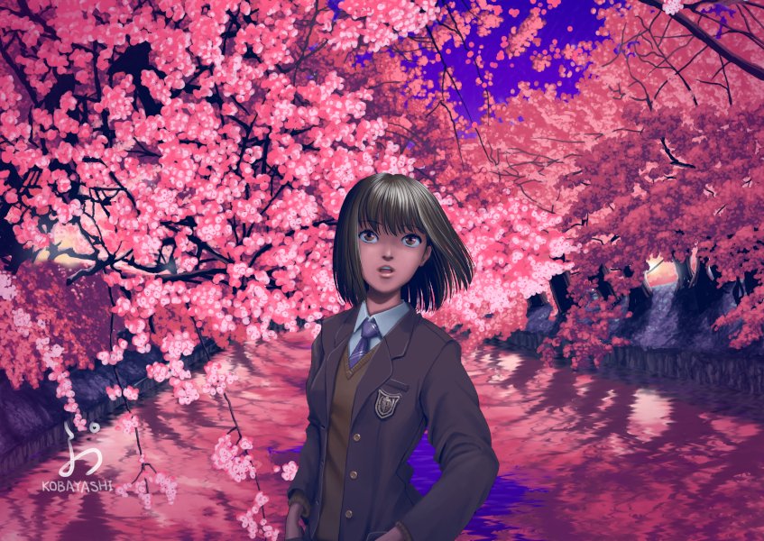 1girl solo cherry blossoms school uniform tree outdoors short hair  illustration images