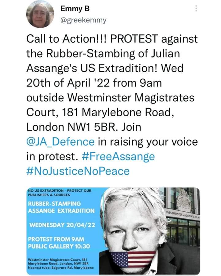 marspenny69oo's tweet photo. 20th April at 10:30am - London
#Protest4Assange
#NoUSextradition
#DroptheCharges
#FreeAssangeNOW https://t.co/n0K9CRcpYO