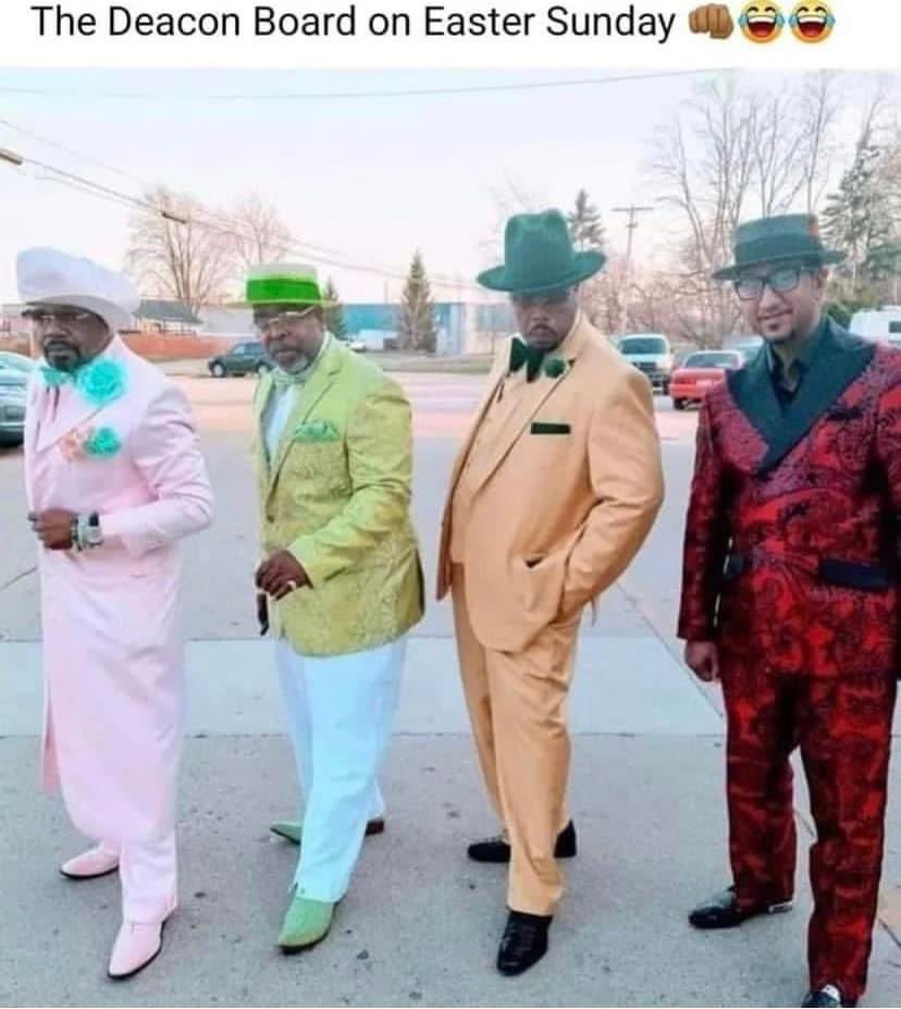 AuthorJoeNBrown's tweet photo. The Deacon Board on Easter Sunday 👊🏽😂😂 ? #Easter 🧺 #EasterSunday 🪺🥚🪺#EasterEggs 💓💚🤎❤️#EasterOutfits 👕🧥👔 https://t.co/MMBXi3MzsX