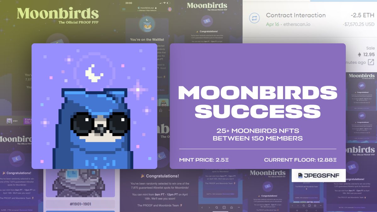 Moonbirds was a huge success 🎯

25/150 people were able to successfully mint the birds. Initally called in March, staff has seen the potential this project and made sure every member was notified about the significance of the project. 

10 ETH profit per. Over $900,000 made🦉🎯