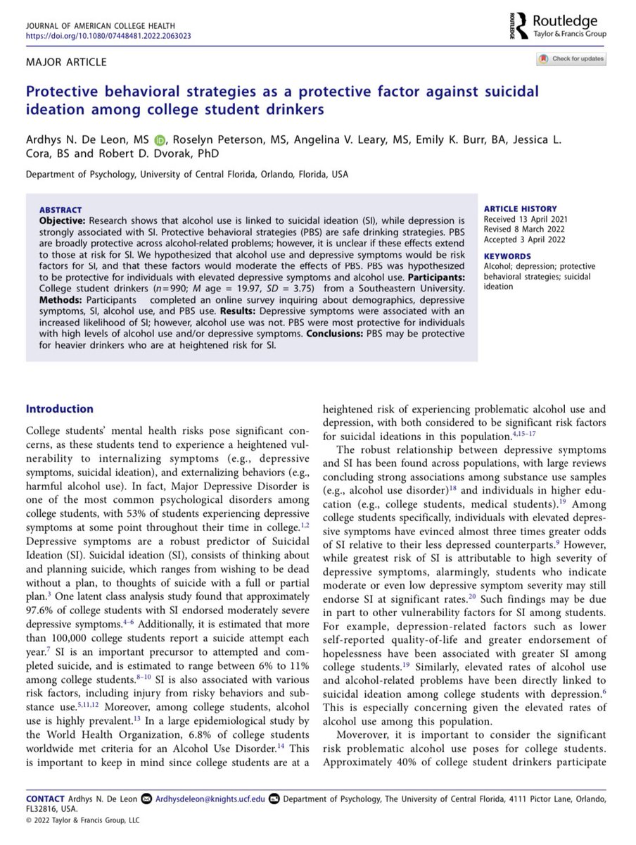 Very excited to have played a role in this paper on the protective effects of PBS on suicidal ideation in past month student drinkers, spearheaded by <a href="/DeArdhys/">Ardhys De Leon</a>  #AcademicTwitter