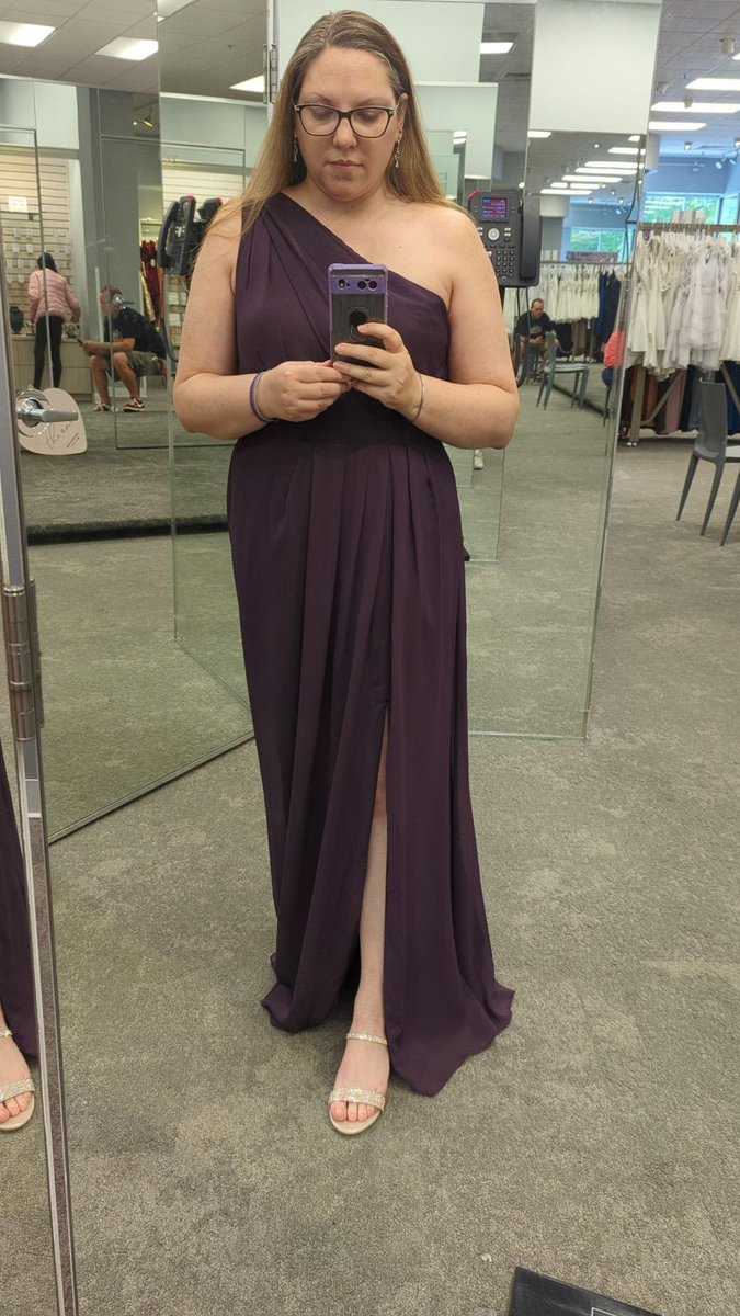 RZemlock's tweet photo. I drove two hours to Tallahassee yesterday to pick out a bridesmaid dress for a friend's wedding. Tried on 5, didn't Love any of them, tried on the purple one (picking style/size not color)... REALLY liked it! Then "My Universe" started playing in the store. 🥰💜🫰Sold. https://t.co/GVpzrckAcl