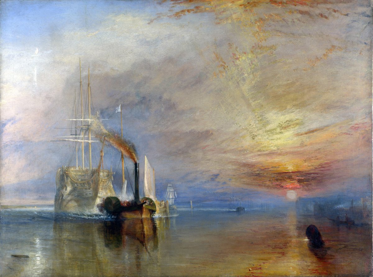 artistturner's tweet image. The Fighting Temeraire tugged to her last berth to be broken up, 1839 #williamturner #turner