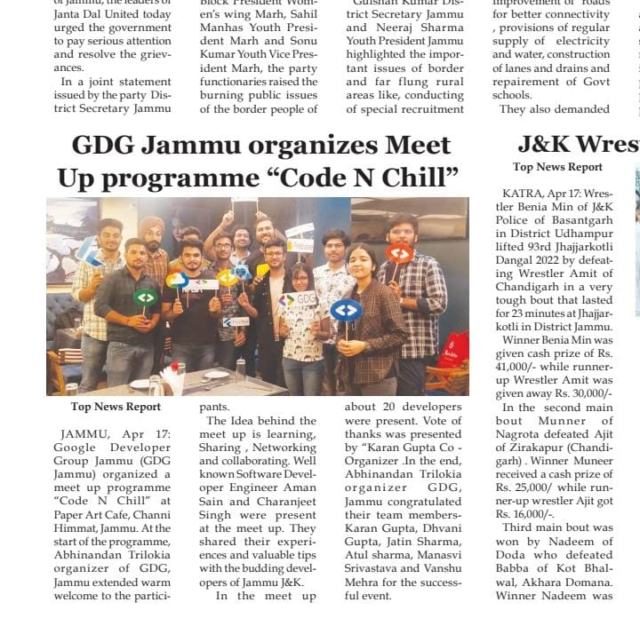 GDGJammu's tweet image. Finally, We did it!!!
Code N Chill Meet up is an initiative to concentrate the efforts of many developers in and around Jammu. 
Special thanks to Aman Saini &amp;amp; Charnjeet Singh for giving their valuable time.
Kudos to the whole team of GDG Jammu for making it happen.
#GDGJammu
