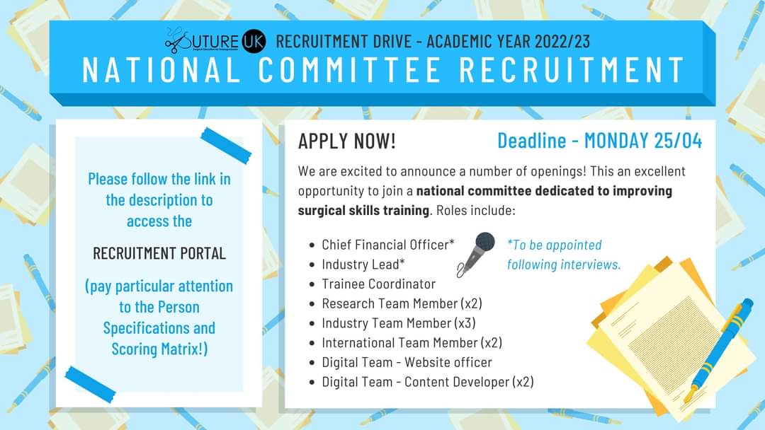 Come join a national committee, supported by The Royal College of Surgeons of Edinburgh, to enhance undergraduate surgical skills training in the UK 😷🔪🌍 

sutureuk.com/recruitment

Deadline - 25/04

#SurgEd #MedEd #MedStudentTwitter
#recruitment 
#justkeepsuturing
