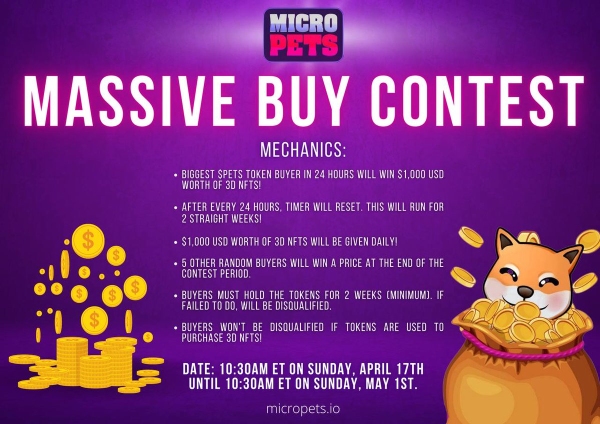MicroPets_io's tweet photo. More details on our MASSIVE BUY CONTEST!! $15,000+ in total #NFTGiveaways

For more details and to follow along with the leaderboards, please join our Discord >> https://t.co/UzkZoWlGDQ https://t.co/a6d5U1JgEl