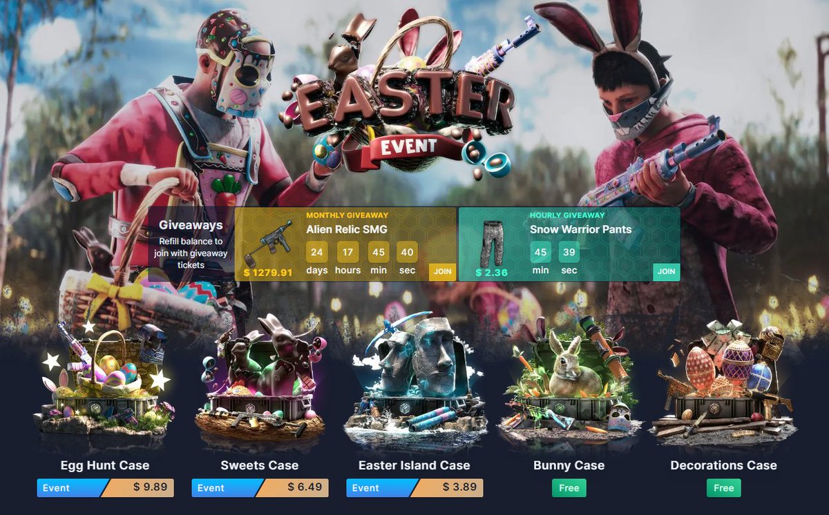 𝗘𝗮𝘀𝘁𝗲𝗿 𝗘𝘃𝗲𝗻𝘁 🐰 is now live on site 

𝗙𝗿𝗲𝗲 𝗖𝗮𝘀𝗲𝘀 for each refill you make ( it will show wich cases you get depending on the amount )

𝗛𝗼𝘂𝗿𝗹𝘆 giveaways free to join

𝗠𝗼𝗻𝘁𝗵𝗹𝘆 giveaways with huge prizes

Happy Easter 🐇🥚

🔗RustCases.com