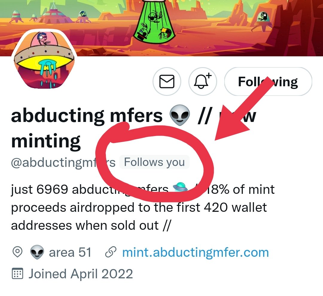 Wicked_Mfers's tweet photo. 🥳🥳🥳
Friends, We got Followed By @abductingmfers aka raj.
@abductingmfers Thanks bro for joining wicked Mfers community.
🔥wicked Mfers community is really creating a impact in nft space.
#mfers #NFTCommunity #mferchicks #NFTProject #nftart #NFTsales #NFTGiveaway #WickedMfers https://t.co/vj18K9XpD3