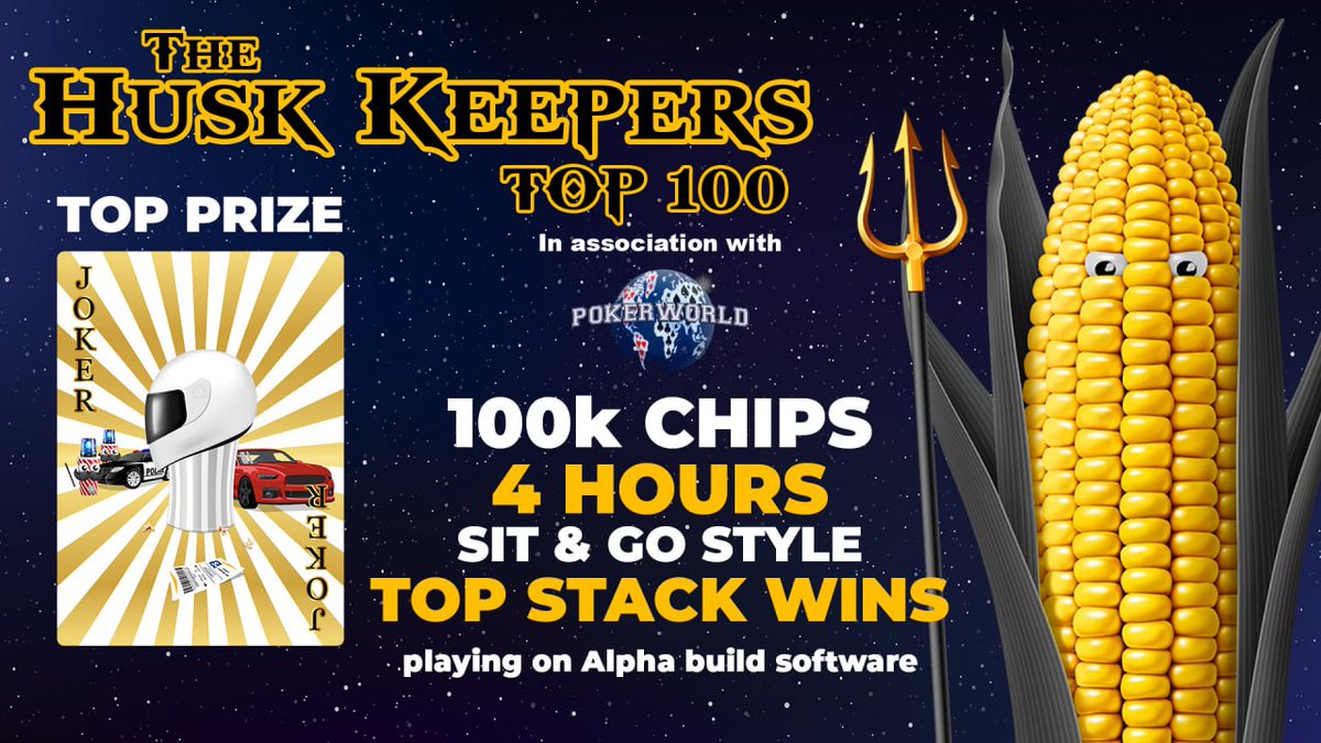 🚀 Its been an amazing wknd so far!
Lots of poker, lots of prizes 🃏🎁

Today is no different! 
Top 100 from <a href="/Pokerw0rldNFT/">PokerWorldNFT</a> Tournament will battle it out in the #CryptoCorn arena for this Stig Joker!

Townhall @ 8pm UTC on twitch.tv/cryptocorn_io

Top 100 Tournament @ 9:30pm UTC