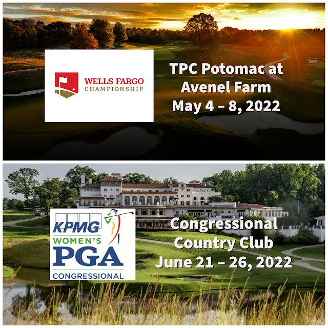 MontgomeryCoMD's tweet photo. Professional golf will be returning to the Greater Washington area for the first time in 3 years with the PGA Wells Fargo Championship to be held in May at TPC Potomac and the KPMG Women’s PGA Championship at Congressional Country Club in June. 🏌️➡️ https://t.co/bO2UAeyc0N https://t.co/A5h7xPkDxv