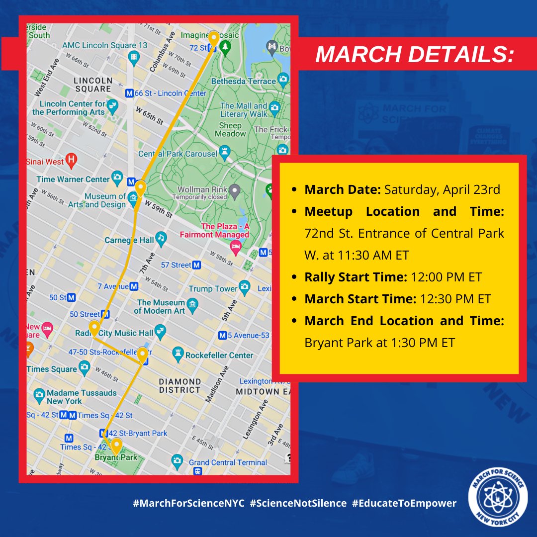 #MarchForScienceNYC is less than a week away. Here's what you need to know to prepare! 1. We will rally at 72nd St & Central Park W at noon and depart for our march at 12:30 PM. We should arrive at Bryant Park around 1:30 PM.