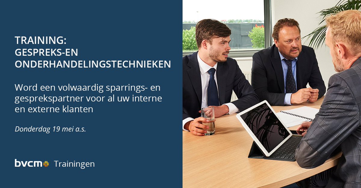 Wilt u een volwaardig sparring- en gesprekspartner worden voor al uw interne en externe #klanten?

Tijdens de #training ‘Gespreks- en onderhandelingstechnieken’ oefent u o.a. met #conflicthantering, complementair denken en reflecteren. 

Kijk voor info op: bit.ly/2InfkUh