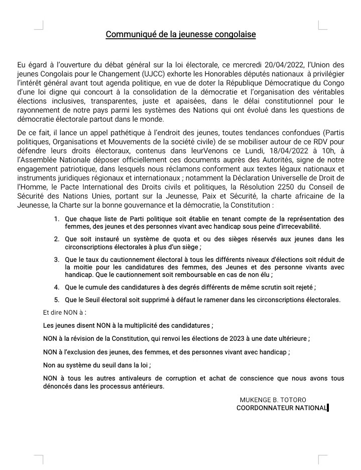 Réforme de la loi électorale : L’UJCC dépose ce lundi à l’AN sa note synthèse des réformes faisant la promotion des catégories spécifiques <a href="/barhmukenge/">Mukenge Bashi Barhegine TOTORO</a> <a href="/UJCC_RDC/">Union des Jeunes Congolais pour Le Changement</a> <a href="/CAFOD/">CAFOD</a> <a href="/SwedeninDRCongo/">Sweden in DR Congo</a> <a href="/cejpcenco1/">Justice et Paix Congo ASBL</a> <a href="/RienSlesFemmes/">Rien sans les Femmes</a> <a href="/laprunellerdc/">LAPRUNELLERDC.CD</a>
