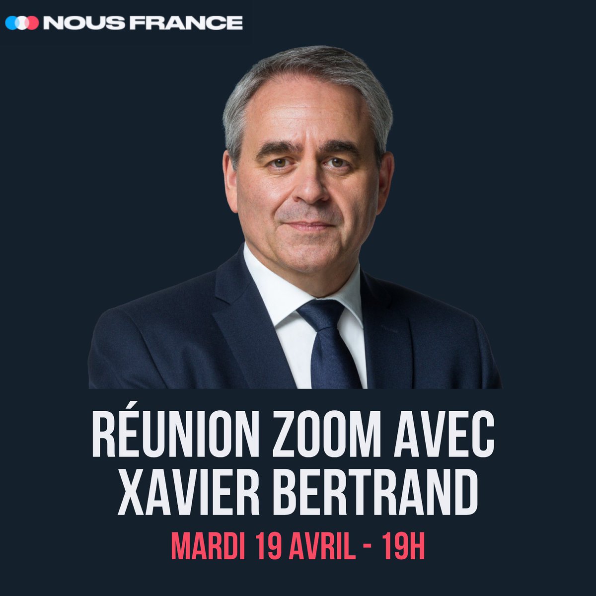 🗣💬 Venez échanger librement sur ces semaines passées et sur nos prochaines étapes avec <a href="/xavierbertrand/">Xavier Bertrand</a> 
📆 Mardi prochain 
🕖 19h 

Zoom
ID de réunion : 843 2983 2006
Code secret : 190422