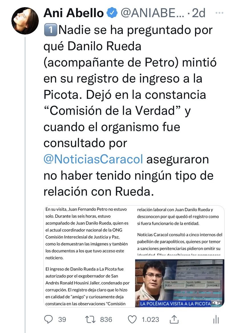 ANIABELLO_R's tweet photo. 3. Además expusieron que uno de los acompañantes de @JuanFPetro fue Danilo Rueda que ingresó con una anotación falsa y que fue el mismo que acompañó a Cepeda y a Piedad Córdoba en sus visitas a paramilitares en EEUU. No sería raro que Piedad tenga un rol en este nuevo escándalo. https://t.co/6VlwIhtjP6