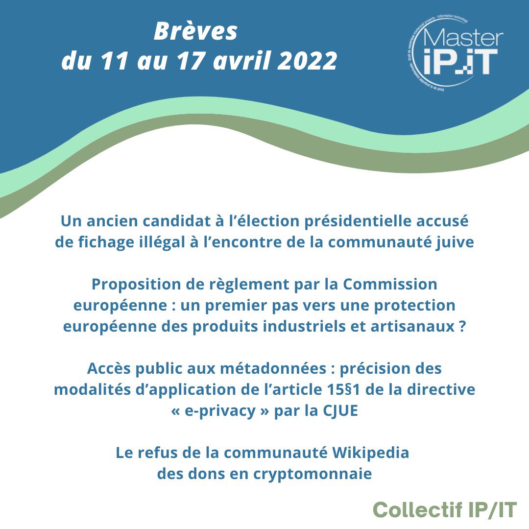 Master1_PIDN's tweet photo. Bonsoir,

Les brèves de la semaine sont disponibles sur notre blog, n’hésitez pas à faire un petit tour. 💪

             ⬇️
https://t.co/1jsPwJiYfK

Très bonne lecture. 📖 

#Elections2022 #Zemmour #droit #numerique #metadonnée #epricacy #wikipedia #Crpyto #ue #IGPIA https://t.co/hRAbtTVOTD