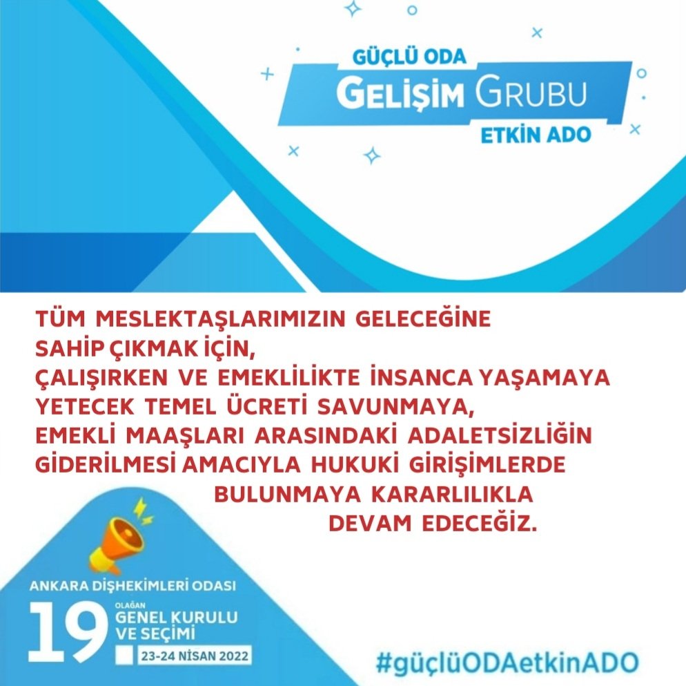 Tüm meslektaşlarımızın geleceğine sahip çıkmak adına çalışırken ve emeklilikte insanca yaşamaya yetecek temel ücretin sağlanması ve emekli maaşları arasındaki adaletsizliğin giderilmesi için hukuki girişimlerde bulunmaya kararlılıkla devam edeceğiz. 

#güçlüODAetkinADO